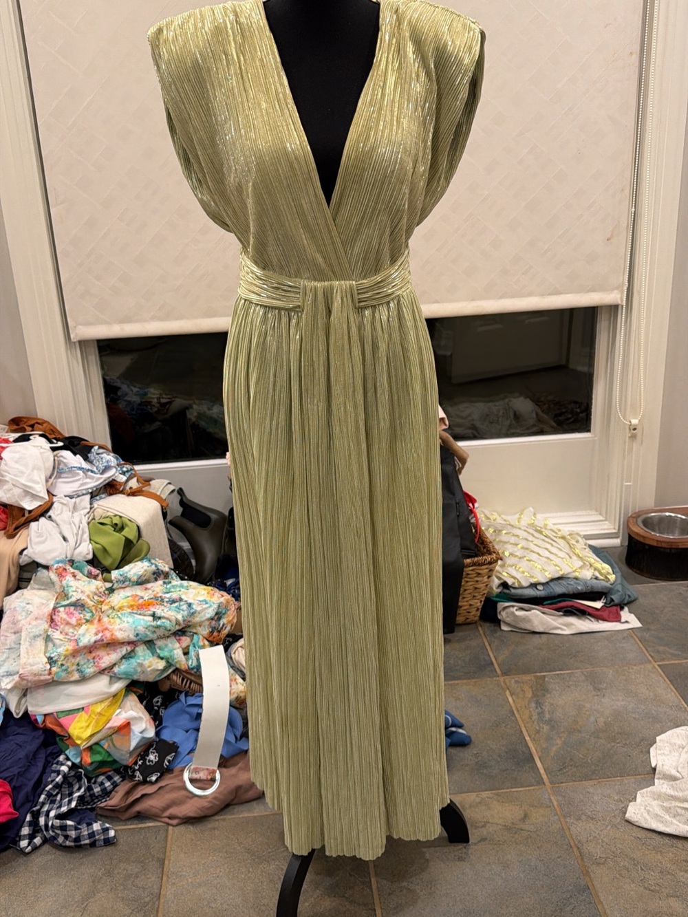 Sabina Musayev Metallic Pale Green Pleated V‑Neck Maxi Dress
